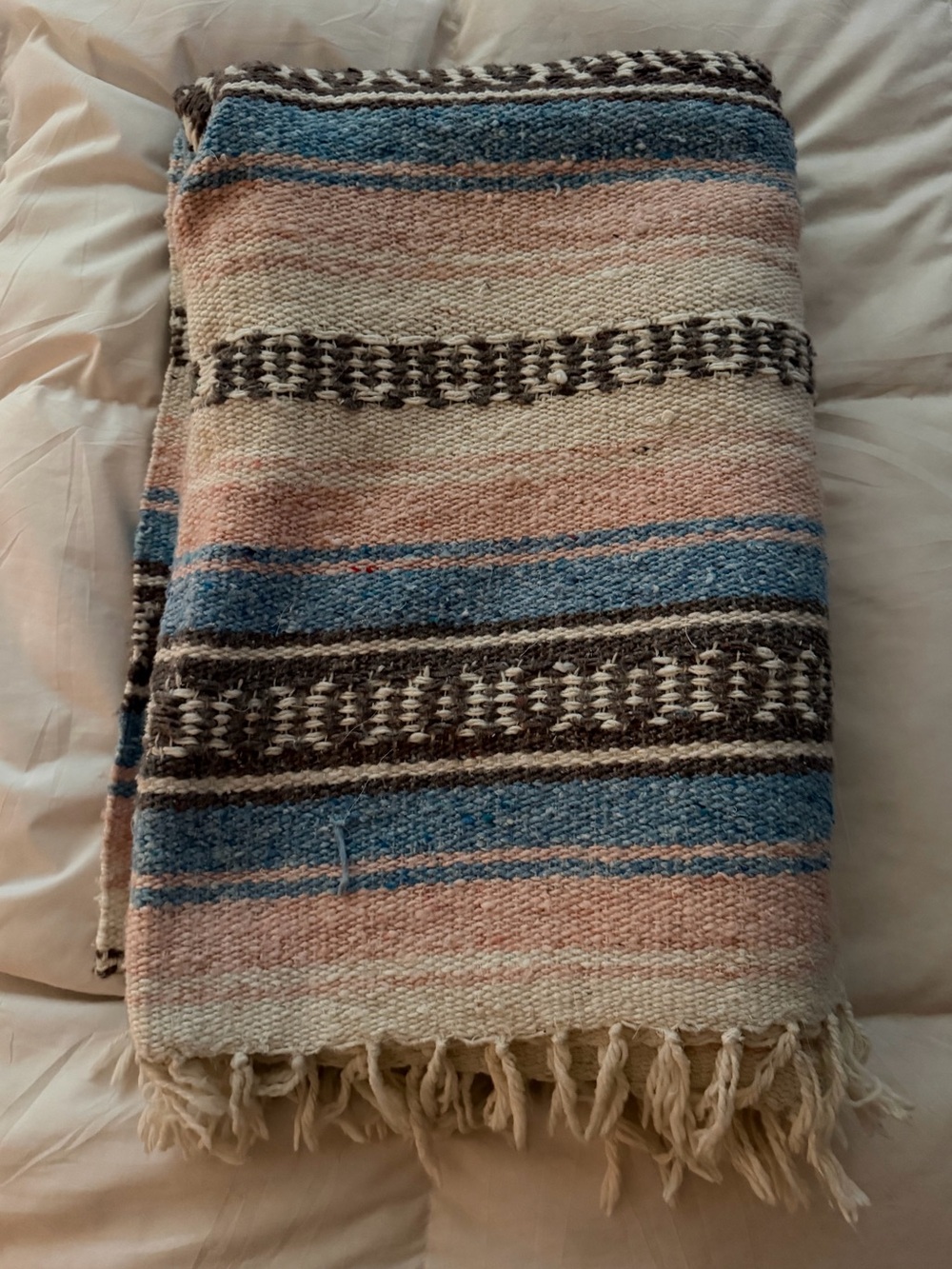 Vintage 100% Cotton Mexican Striped Blanket ~ baby pink, blue, cream, brown